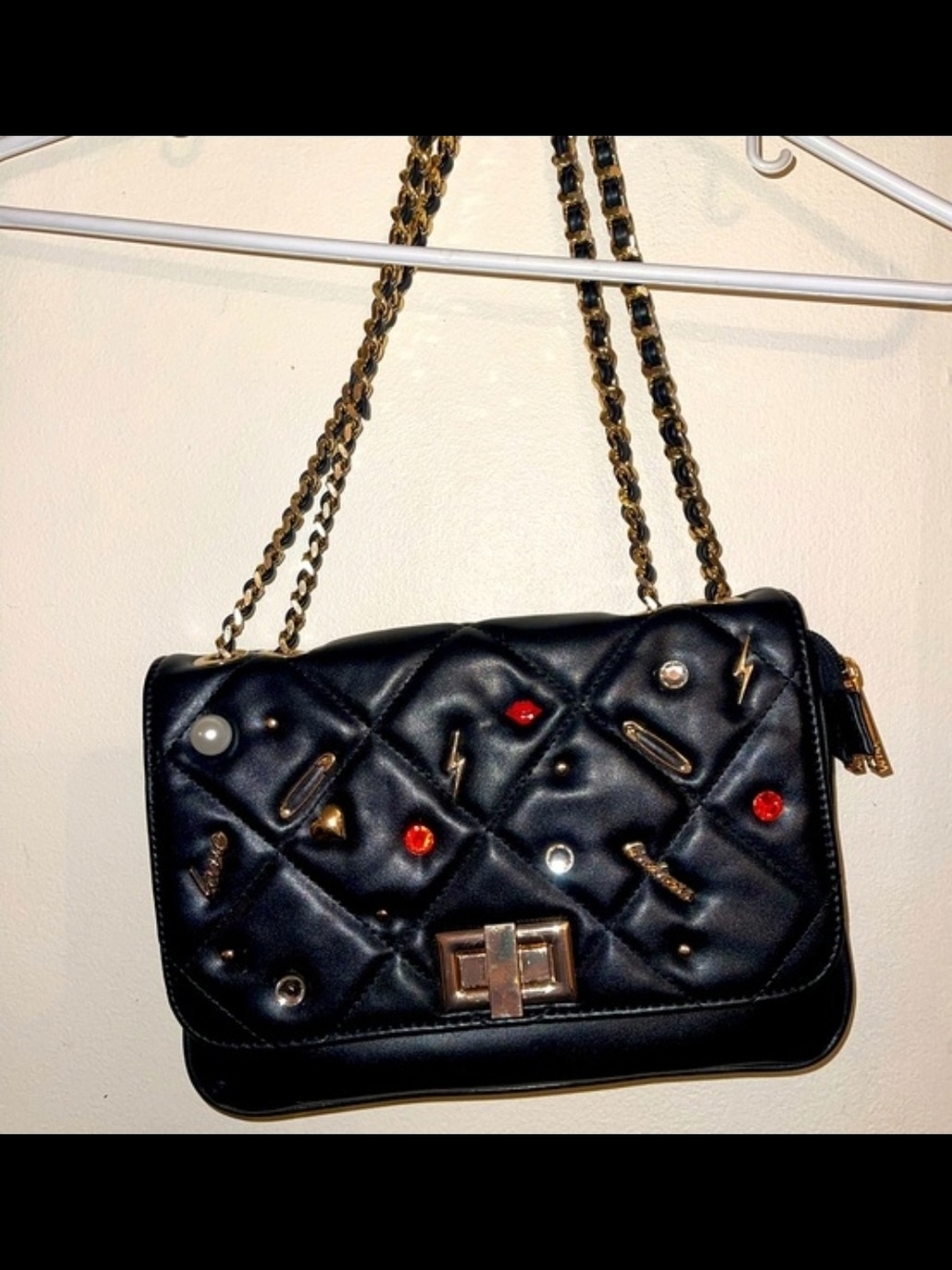 Aldo Black Quilted Shoulder Bag with Gold Chain and Gem Studs